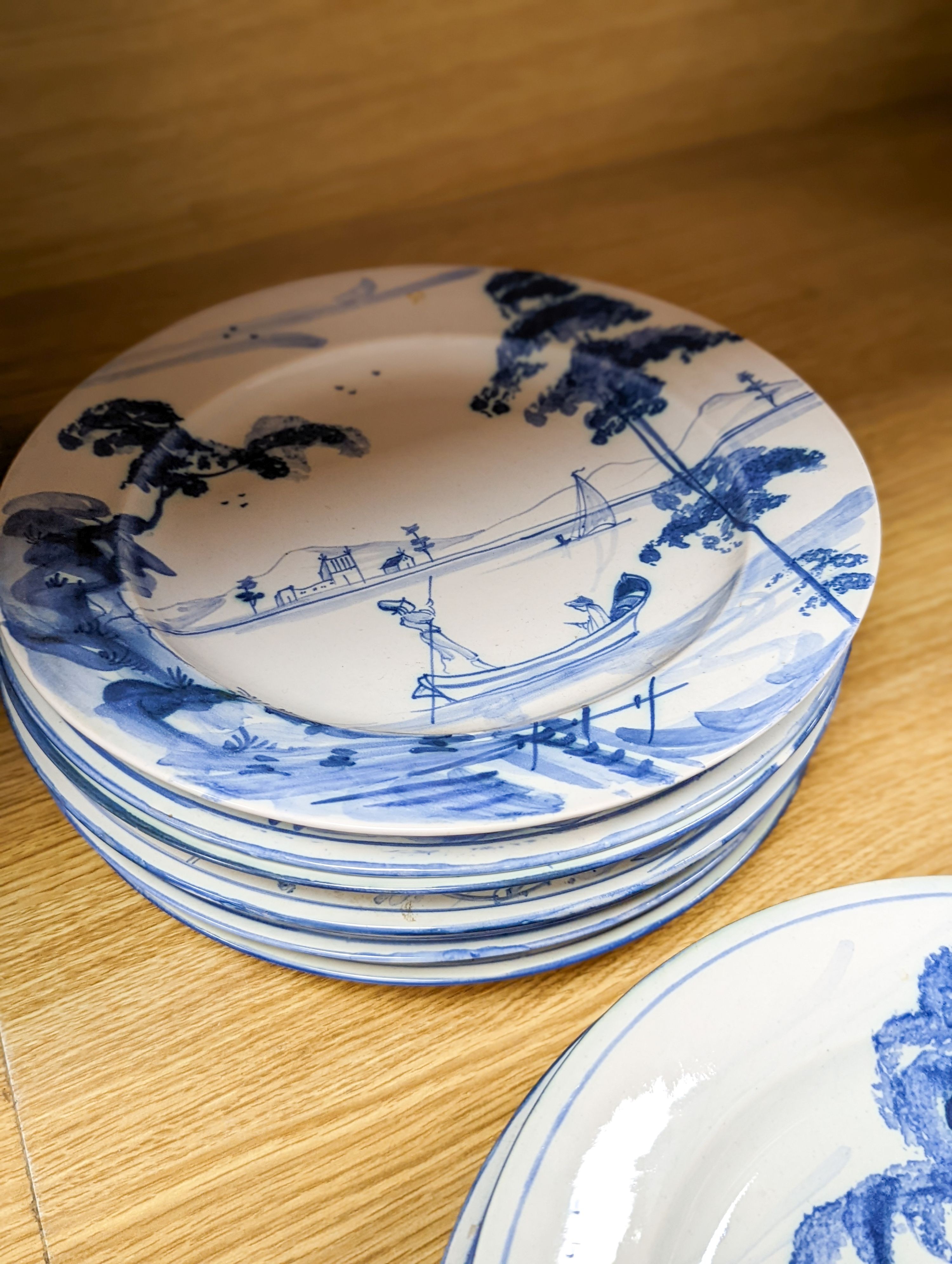 Isis pottery for Colefax and Fowler, a group of blue and white ceramics decorated in imitation of Bristol delftwares